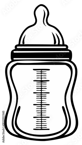 Baby bottle illustration, infant milk feeding, black and white design.