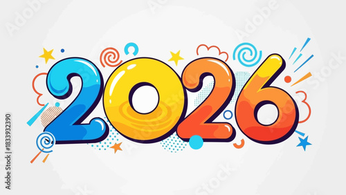 Vibrant and Festive Illustration of the Year 2026 with Playful Design Elements