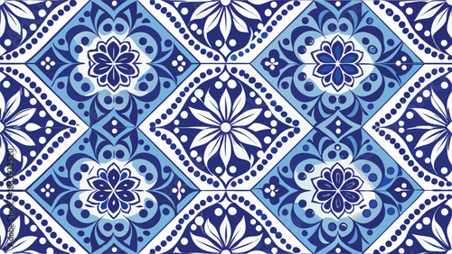 Seamless pattern featuring blue and white geometric shapes arranged in a repetitive design..eps