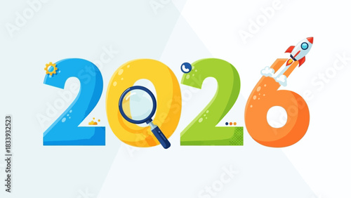 2026 numbers with magnifying glass and rocket celebrating new year and future forward thinking concept