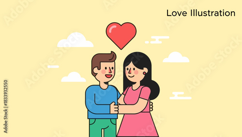 A happy couple embracing under a heart icon, symbolizing love and romance in a simple, modern illustration