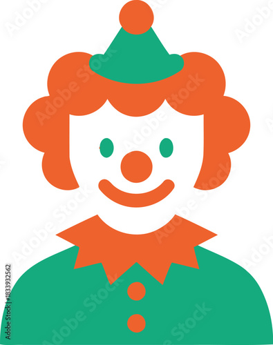 Simple icon of a clown face with orange hair and green outfit isolated on