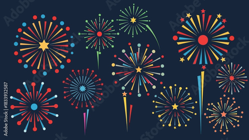 Colorful graphic fireworks explosions illuminate the dark night sky, bringing festive cheer and vibrant light to any celebration or event