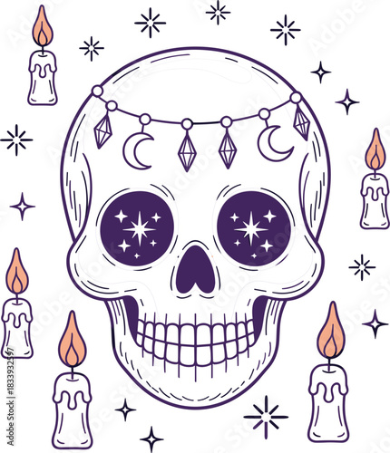 Mystical Purple Skull Vector Illustration: Esoteric Design Featuring Stars, Floating Candles, and a Draped Garland of Crescent Moons and Sparkling Crystals.