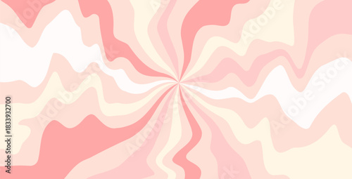 Twisted pastel pink candy bg. Cream texture starburst background. Retro spiral sun rays backdrop. Abstract girly illustration. Vector wavy dynamic lines decoration. Carnival stripes vintage design.
