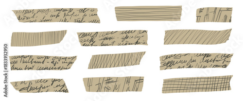 Craft washi tape collection with decorative paper strips, sticky masking elements, and vintage scrapbook stickers for creative craft projects and journal decoration. Vector script poem textured tapes.