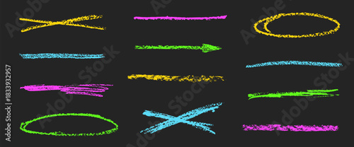 Neon colorus chalk underlines. Brushstroke bold pencil freehand dividers lines set. Handwritten crayon textured streak, emphasis elements on blackboard. Scribble rough arrow, highlights. Vector marks.