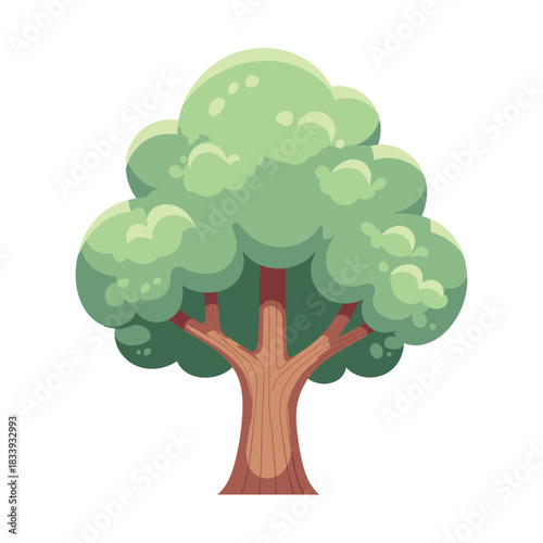 Cartoon Tree with Green Foliage and Brown Trunk in Simple Style.