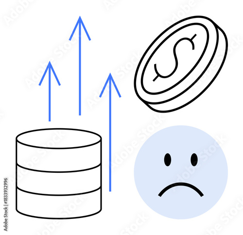 Financial loss concept. Depicts rising costs through arrows, a sad face, and a dollar coin symbol. Financial loss s economic challenges, expense tracking, or budget management. Useful for finance
