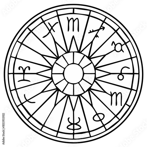 Stylized Zodiac Wheel with Astrological Symbols and Celestial Design