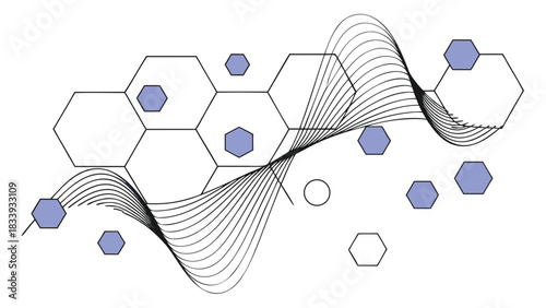 Abstract science background featuring interconnected molecules and hexagons in a dynamic, colorful design..eps