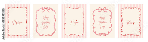 Set of vintage hand drawn Valentine's day cards with frames in whimsical lines, bows, hearts, ribbons. Vector elegant coquette line art backgrounds. Holiday borders for poster, wedding invitation.