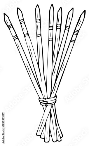 Sketch illustration of bundled paintbrushes with artistic line work and bold outlines for creative pursuits and drawing tasks