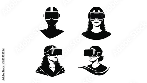 Black silhouettes of people wearing vr headsets, symbolizing future technology and digital experiences