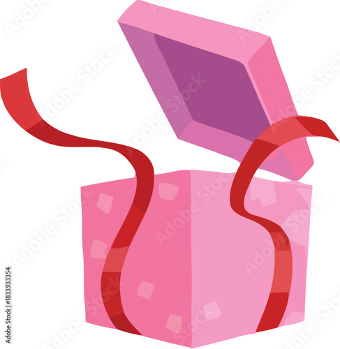 Open pink gift box with red ribbon isolated on