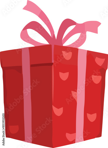 Red gift box with pink ribbon and small heart pattern isolated on