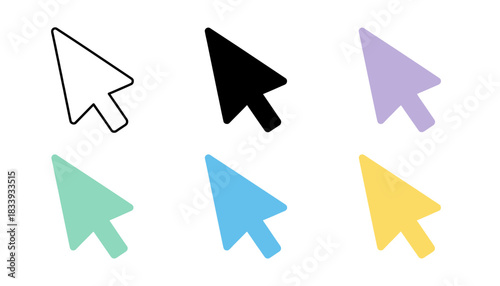 Minimalist digital illustration featuring six colorful arrow cursors on a black background suitable for design projects or user interface concepts
