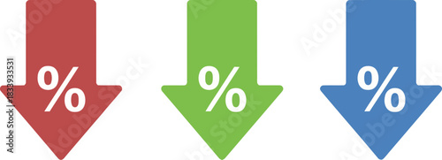 Three colorful downward arrows with percentage symbols indicating discount or reduction on transparent background