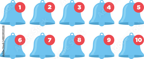 Set of ten blue bells with numbered red circles on transparent background for calendar or countdown theme