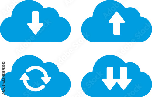 Simplified Cloud Storage Icons Representing Upload Download Synchronization and Data Transfer Concepts with Transparent Background for Technical