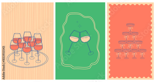 Hand drawn wine glass posters collection. Cocktail, alcohol beverage. Wine tasting concept. Set of martini design elements for restaurant menu, invitation for an event, festival, party.