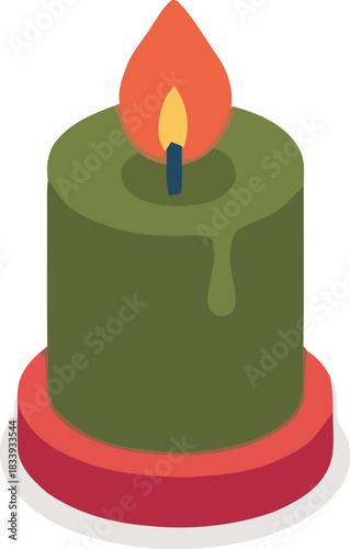 Isometric illustration of a lit green candle on a red base isolated on