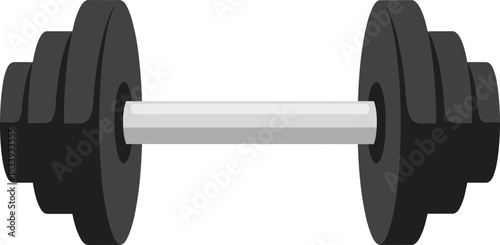 Simple illustration of a dumbbell with weight plates mounted on a metal bar against a transparent background for fitness and gym equipment