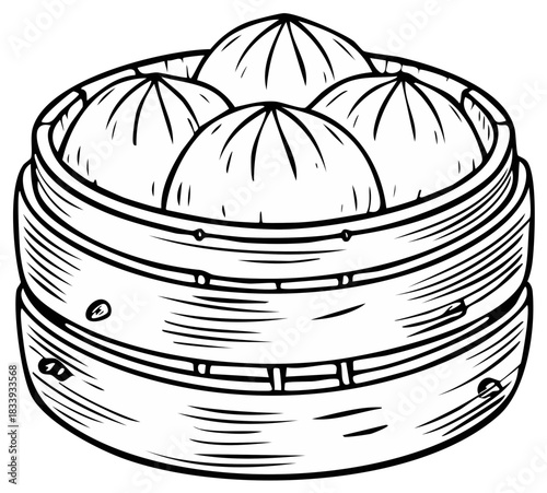 Outline vector art of freshly steamed dim sum buns in a classic bamboo basket