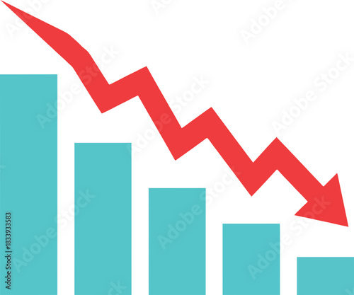 Visual representation of declining trend data with downward arrow and bar chart on black background in minimal abstract style