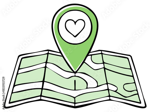 Love location map pin icon with a heart symbol over a stylized unfolded map