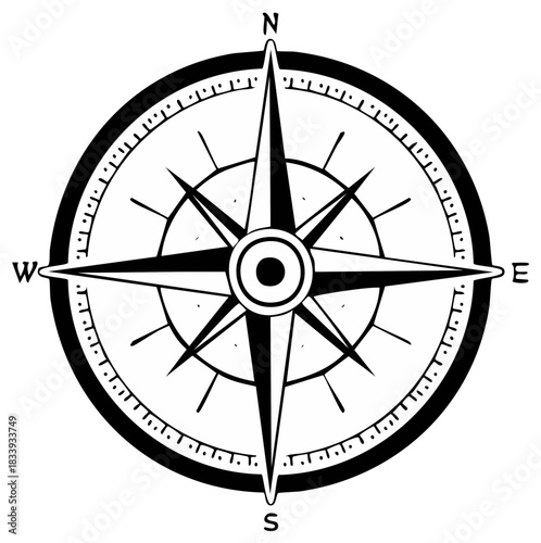 Navigation Compass Rose Graphic Design Featuring the Four Cardinal Directions in Black and White