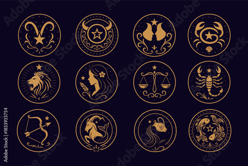 Golden Zodiac Symbols emblem Set