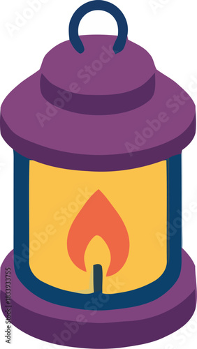 Isometric purple lantern with a lit flame isolated on