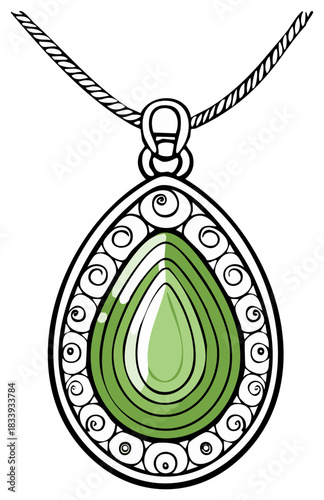 Green gemstone pendant necklace with ornate swirls and teardrop shape illustration