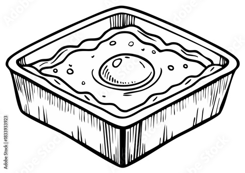 Hand Drawn Fried Egg in Square Takeaway Container Black and White Line Art Illustration