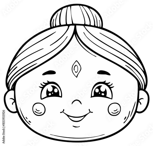 Happy cartoon girl face with a hair bun and decorative forehead symbol line art