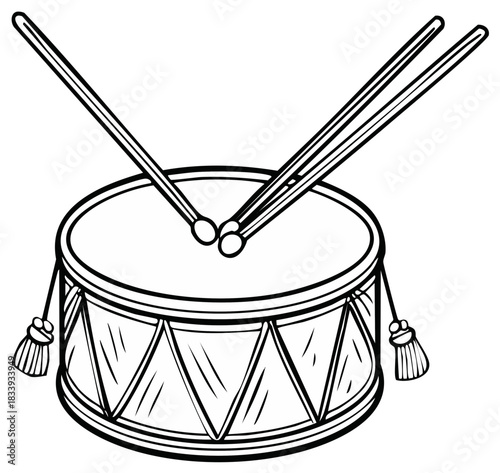 Line Art Drum Illustration with Drumsticks, Musical Instrument, Vector Graphic, Percussion, Music Icon