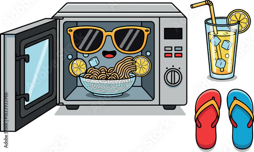 Cute Summer Microwave Character with Open Door, Noodles, Lemonade, and Flip-Flops Illustration