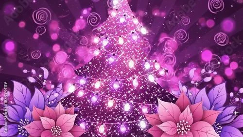 Festive Pink Christmas Tree Decorated With Twinkling Lights Surrounded By Poinsettias And Falling Snowflakes