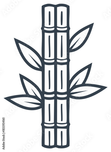 Minimalist Outline Icon of Bamboo Stalks with Leaves, Oriental Nature Symbol, Zen Plant Growth Vector Graphic