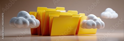 Yellow folders and cloud icons representing digital cloud storage concept