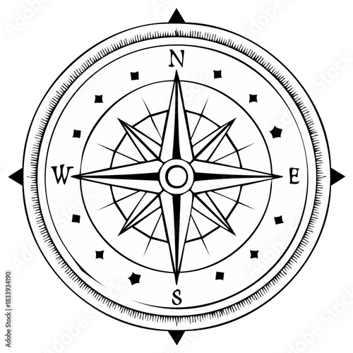 Vintage navigational compass rose design with cardinal directions and ornamental details