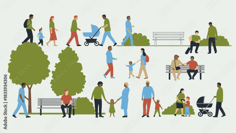 Fototapeta premium Illustration of people in a park setting, walking, sitting, and enjoying the outdoors.