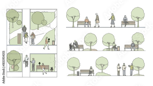 Architectural drawings depicting people in a park setting with trees, benches, and walking paths, showcasing urban design and community spaces.