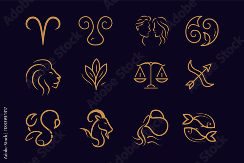 Golden Zodiac Symbols Set