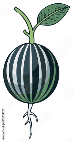 Fantastical striped seed pod sprouting with a green leaf and roots vector illustration