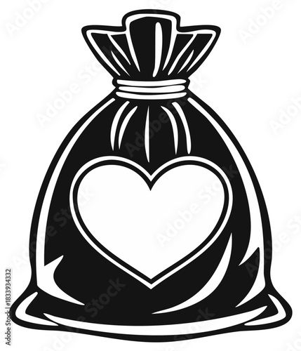 Black Sack with Heart Shape, Goodie Bag, Gift Bag,  Vector Design, Celebration