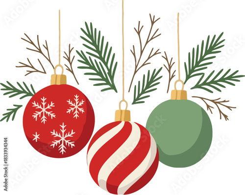 Three hanging christmas ornament decoration with pine branch