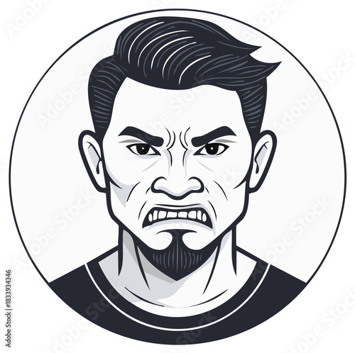 Intense black and white vector illustration of an angry man grimacing