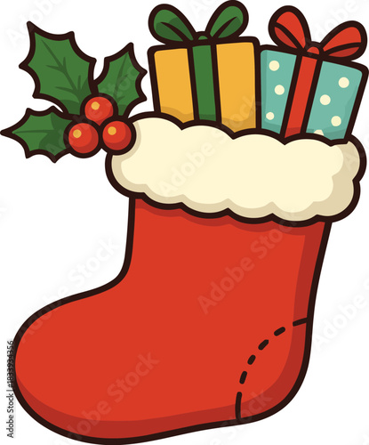 Cute cartoon christmas stocking filled with gifts and holly isolated on